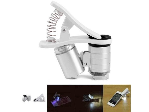 Mini Microscópio De Celular Com Ampliação De 60x Led Luz Branca e Ultravioleta Com Clip - 5