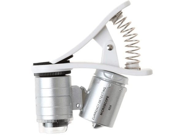 Mini Microscópio De Celular Com Ampliação De 60x Led Luz Branca e Ultravioleta Com Clip - 4