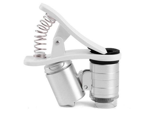 Mini Microscópio De Celular Com Ampliação De 60x Led Luz Branca e Ultravioleta Com Clip - 1