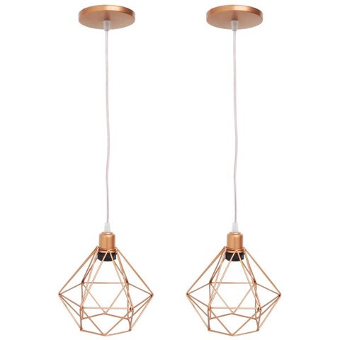 Kit 2 Pendente Aramado Diamante Luminárias Lustre Cabo Cristal Teto Retrô Cobre Rose Gold