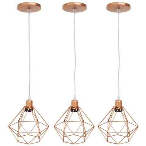 Kit 3 Pendente Aramado Diamante Luminárias Lustre Cabo Cristal Teto Retrô Cobre Rose Gold