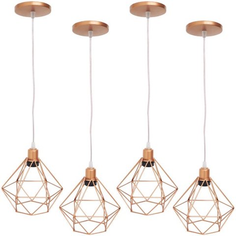 Kit 4 Pendente Aramado Diamante Luminárias Lustre Cabo Cristal Teto Retrô Cobre Rose Gold