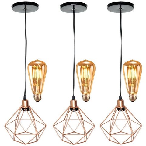 3 Pendentes Aramado Diamante Luminária Lustre Retrô Balcão Cobre Rose Gold + 3 Lâmpadas Led
