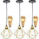 Ver imagem 1 de 3 Pendentes Aramado Diamante Luminária Lustre Retrô Balcão Dourado + 3 Lâmpada Led ST64 Vintage
