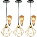 Ver imagem 1 de 3 Pendentes Aramado Diamante Luminária Lustre Retrô Balcão Dourado + 3 Lâmpada Led ST64 Vintage