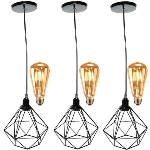 3 Pendentes Aramado Diamante Luminária Lustre Retrô Balcão Preto + 3 Lâmpadas Led ST64 Vintage