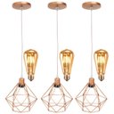Ver imagem 1 de 3 Pendentes Aramado Diamante Lustre Cabo Cristal Cobre Rose Gold + 3 Lãmpadas Led ST64 Vintage