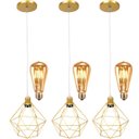 Ver imagem 1 de 3 Pendentes Aramado Diamante Lustre Cabo Cristal Dourado + 3 Lãmpadas Led ST64 Vintage Retrô