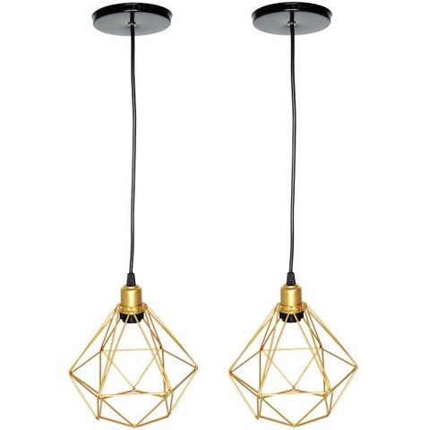 2 Pendentes Aramado Diamante Cabo 1,5 Mt Luminária Lustre P Teto Retrô Dourado Agp Ilumini