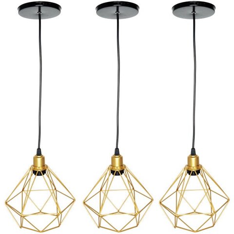 3 Pendentes Aramado Diamante Cabo 1,5 Mt Luminária Lustre P Teto Retrô Dourado Agp Ilumini