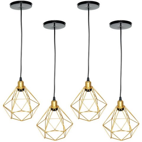 4 Pendentes Aramado Diamante Cabo 1,5 Mt Luminária Lustre P Teto Retrô Dourado Agp Ilumini