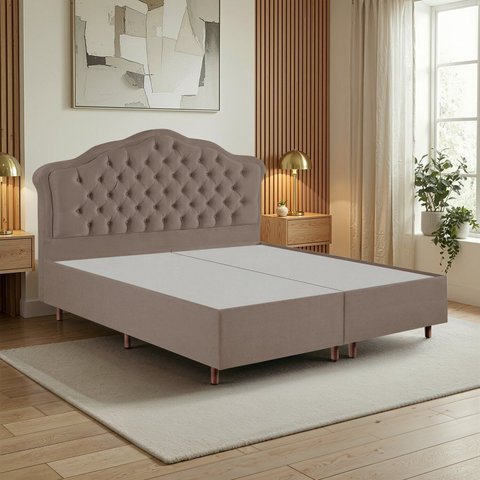 Kit Cama Box King + Cabeceira Estofada em Madeira Maciça Curva Provençal com Capitonê Marrom