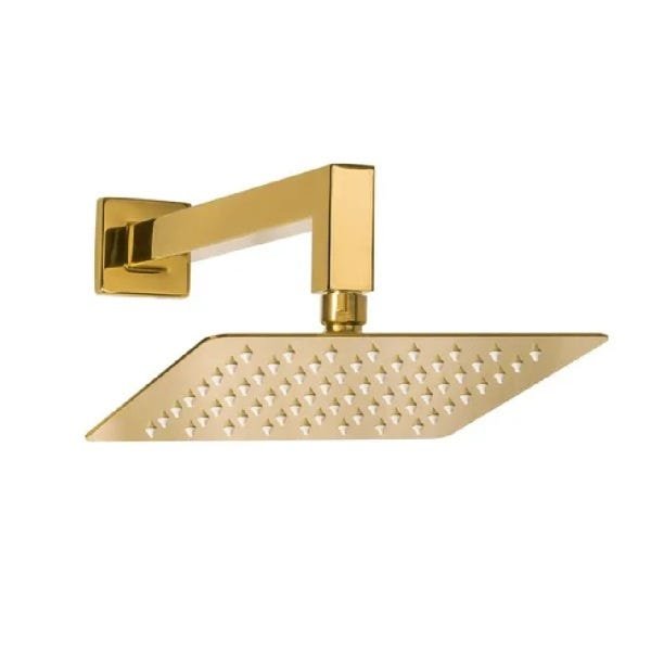 Ducha Quadrada Dourada Em Inox 20x20 Braço 38 Cm Gold Parede - 1