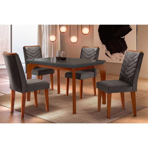 Sala de Jantar Completa Londrina C/ Tampo Madeirado Vidro Canto Curvo 120x80cm e 4 Cadeiras Londrina