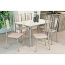 Ver imagem 1 de Conjunto: Mesa de Cozinha Elba Tampo Madeirado C/ Vidro 120cm e 6 Cadeiras Florença Niquel/off
