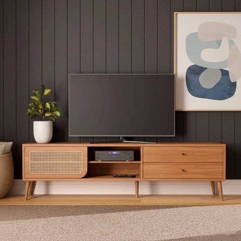 Rack para Tv até 60 Polegadas 220cm com Porta em Tela Palhinha 100% Mdf Dalla Costa