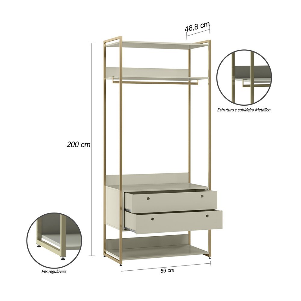 Conjunto de Módulos Guarda-roupa P/ Closet Industrial Olivar 4 Gavetas 178cm - Off White - 5