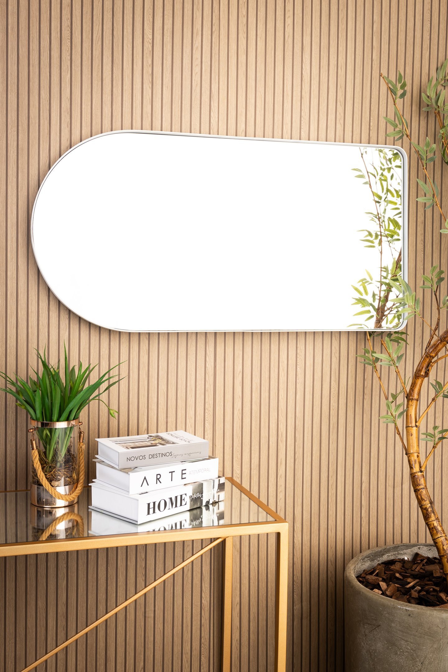 Espelho Decorativo Oval Janela Base Reta com Moldura Metal Branco 100 X 50 Cm - 4