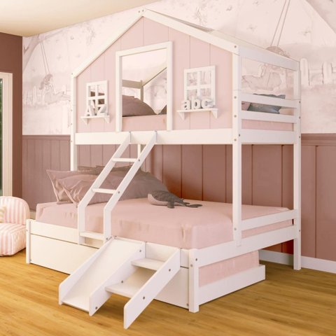 Treliche Casal/ Solteiro Casinha Dos Sonhos Kit Escada/ Escorregador Madeira Maciça Rosa/branco