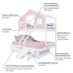 Treliche Casal/ Solteiro Casinha Dos Sonhos Kit Escada/ Escorregador Madeira Maciça Rosa/branco - 4