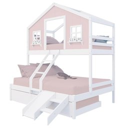 Treliche Casal/ Solteiro Casinha Dos Sonhos Kit Escada/ Escorregador Madeira Maciça Rosa/branco - 2