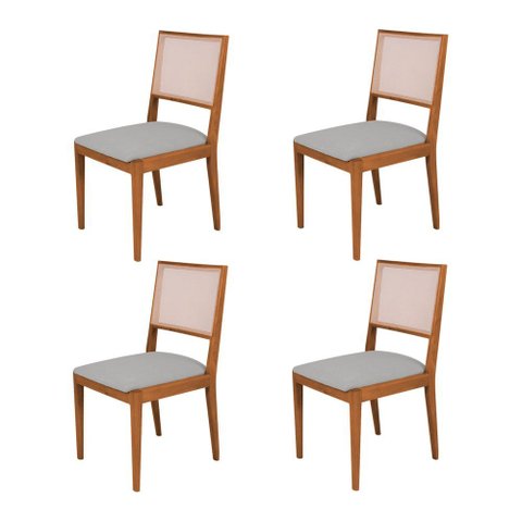 Conjunto com 4 Cadeiras de Jantar Estofada Suellen em Madeira e Mdf Cerejeira Linho Cinza Prata