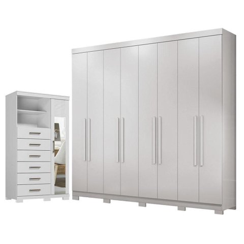 Guarda Roupa Casal Master New 8 Portas 4 Gavetas MDP com Cômoda 1 Porta 6 Gavetas Espelho Santos