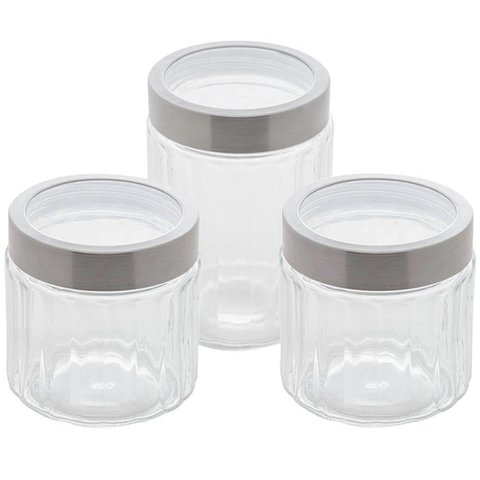 Kit 3 Porta Mantimentos de Vidro Sydney Lyor 870ml e 1,2l Pote com Tampa Inox