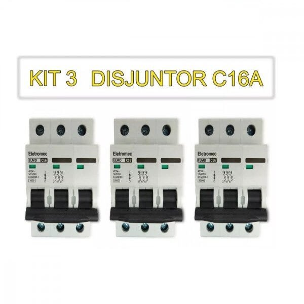 Kit 3 Disjuntor 16a Amperes Tripolar Curva C - Eletromec - 1