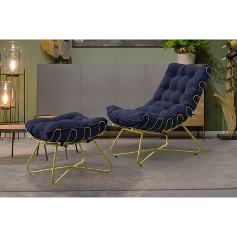 Poltrona Costela Luxo com Puff Eva Metal Dourado Veludo Azul