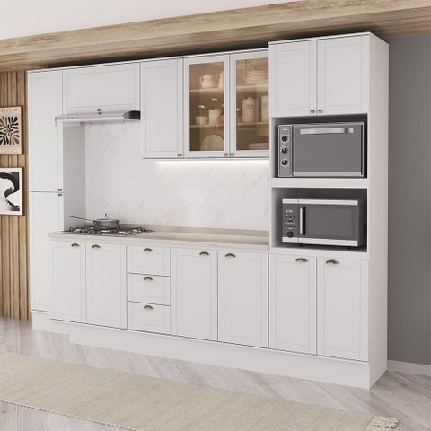 Cozinha Completa Milla Unique Plus 14 Portas 3 Gavetas MDF 310cm Branco Móveis Carraro
