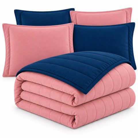 Kit Cobre Leito Duo Casal Malha 100% Algodão Colcha 5 Peças Dupla Face Marinho e Rose