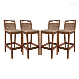 Kit 4 Banquetas Alta para Balcão em Madeira Valência Rattan Castanho Linho Bege Ccs