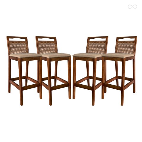 Kit 4 Banquetas Alta para Balcão em Madeira Valência Rattan Castanho Linho Bege Ccs
