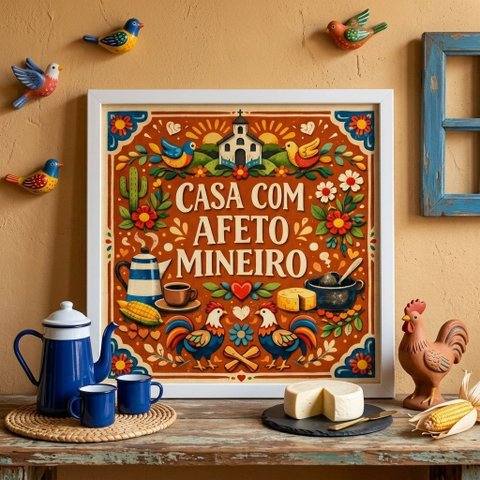 Quadro Casa com Afeto Mineiro 33x33cm Mold Branca Vidro
