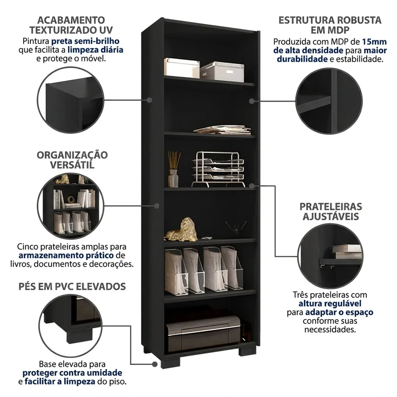 Ver imagem 5 de Estante para Livros 5 Prateleiras Office 180CMX60,5cm Preto Black Tx