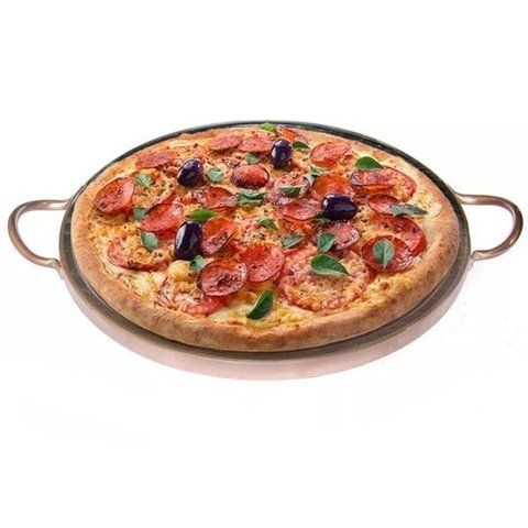 Forma de Pedra Sabão para pizza 22 cm alças de cobre curada