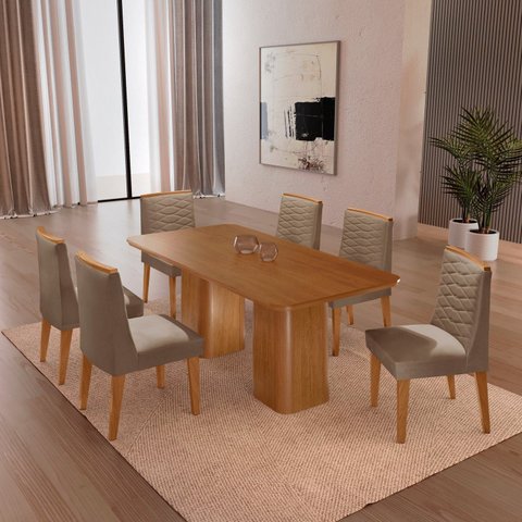 Conjunto Sala de Jantar Mesa Tampo MDF 6 Cadeiras Sakura Marrom/Capuccino/Marromle/Off White