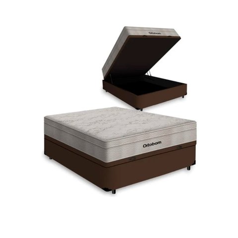 Cama Box Baú Casal 138 Tecido Sintético Marrom com Colchão Ortobom Airtech Spring Pocket D26 Bege 70
