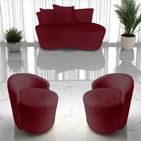 Kit Namoradeira + 2 Poltronas Yara Orgânica Suede Marsala