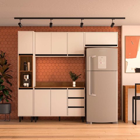 Cozinha Koya 4 Peças 236,8x214cm Armários Aéreos Paneleiro Balcão com Tampo Creme 250042