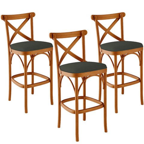 Kit 03 Banquetas Altas Cozinha Bancada Bar Sala Jantar Estofada Ávila L02 Linho Verde Musgo - Lyam L
