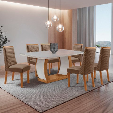 Mesa de Jantar Milena 180cm Tampo MDF Vidro Canto Copo com 6 Cadeiras Carolina