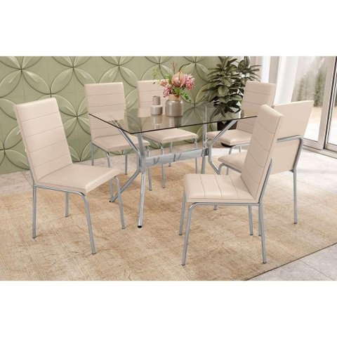 Conjunto Mesa de Cozinha Loire com Tampo de Vidro 120x80cm e 6 Cadeiras Amsterdã Cromada Nude