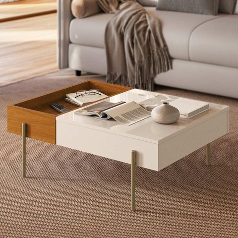Mesa de Centro Leme com Bandeja e Pés Metálicos - Cinamomo Off White - Madetec