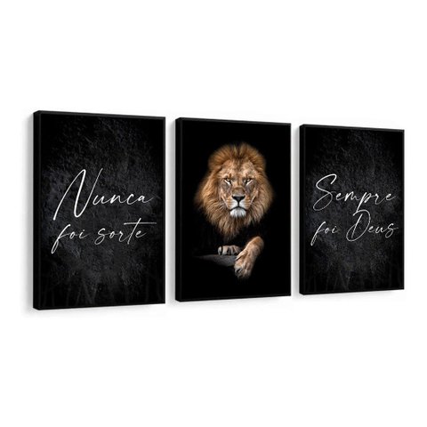 Kit 3 Quadros Decorativos Leão Frase Nunca Foi Sorte P Sala