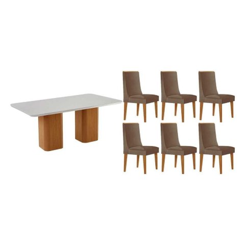 Conjunto Mesa Maldivas c/ Tampo Madeirado c/ Vidro Canto Curvo 180x90cm e 6 Cadeiras Dakota Naturale