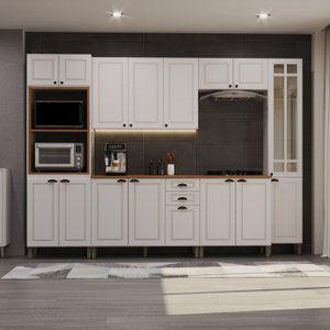 Cozinha Americana Modulada Torre Quente Paneleiro Simples com Vidro Reflecta Balcão 120cm com Tampo Completa 6 Peças Paris