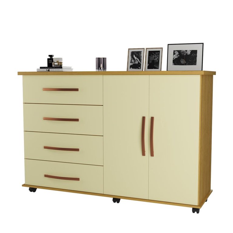 Cômoda 4 Gavetas e Porta Pés Rodízios Bali – Mel com Pérola – Móveis Primus Cômoda 4 Gavetas e Porta Pés Rodízios Bali – Mel com Pérola – Móveis Primus