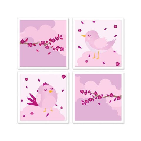 Kit Quadro Decorativo Infantil com Moldura Passarinhos Flores